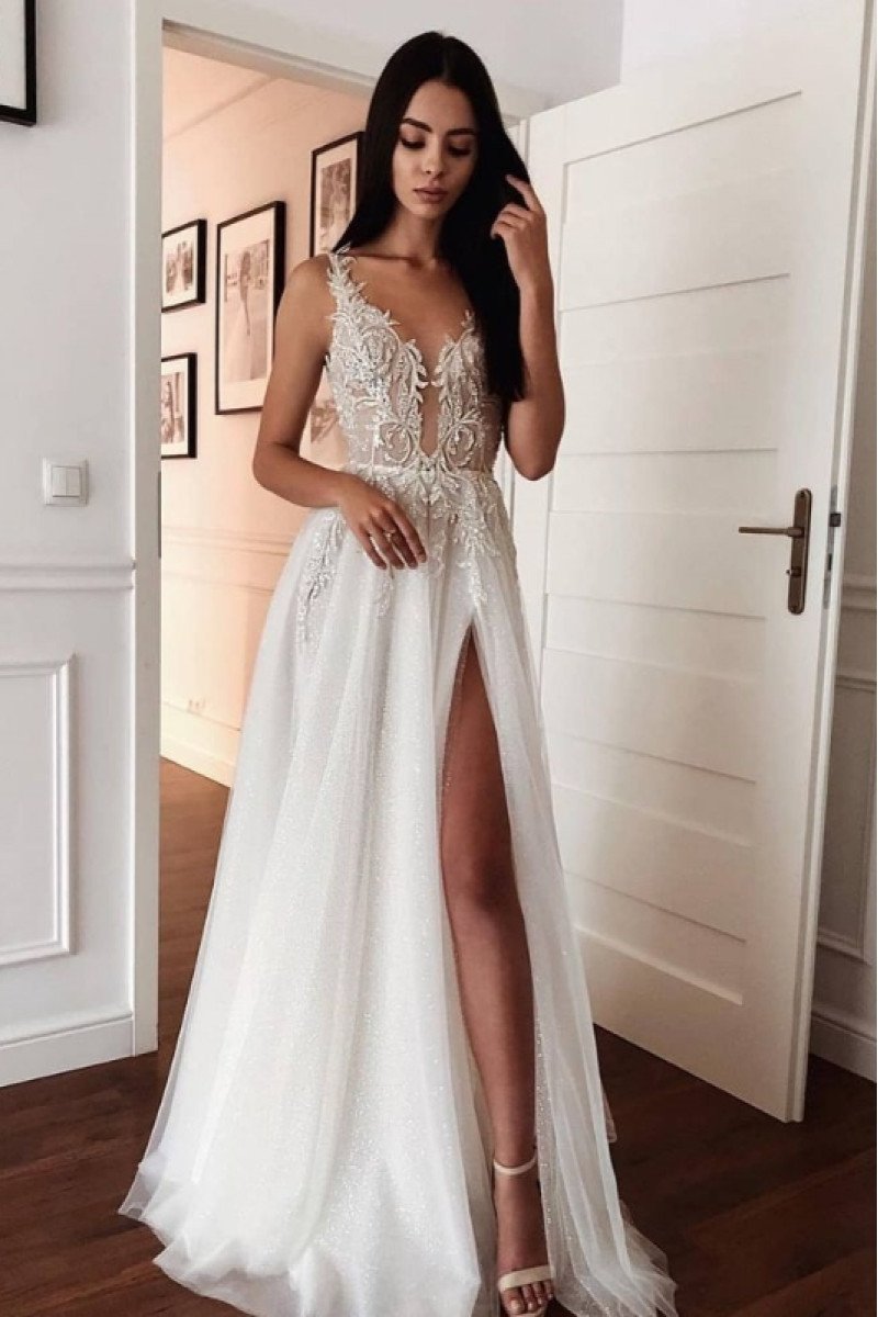 Cara Sexy Spaghetti Straps Side Slit Sheath Appliques Wedding Dresses