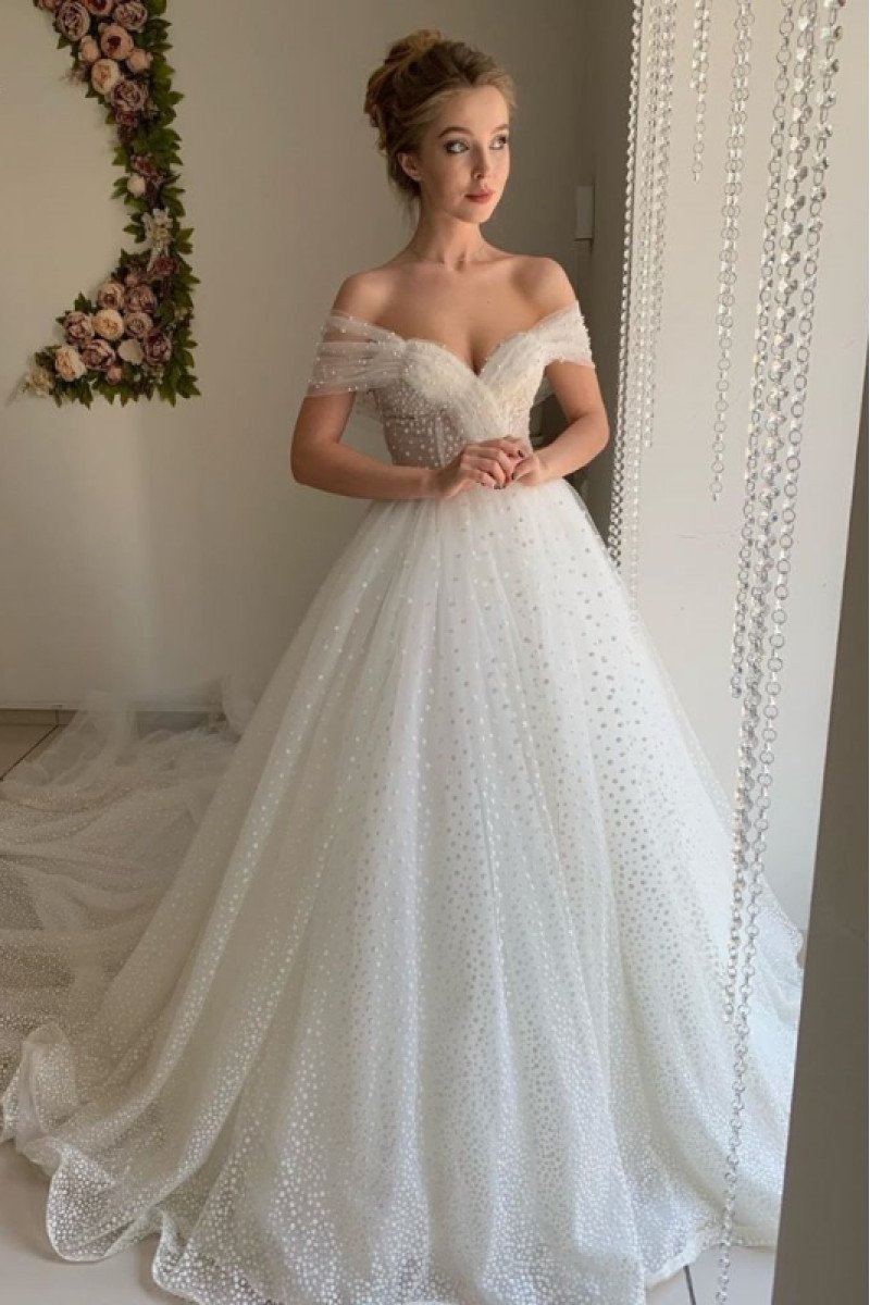 Carol Lovely Off Shoulder Open Back Royal Train Ball Gown Wedding Dresses