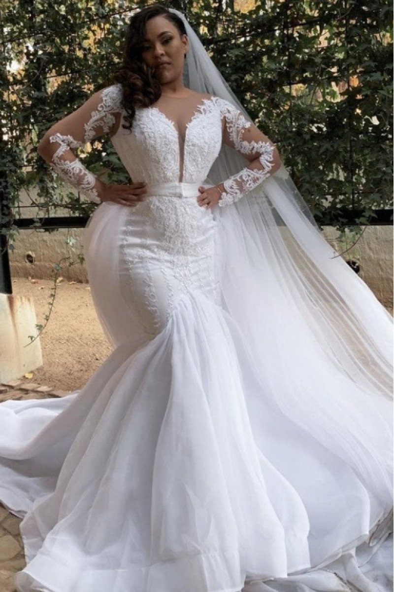 Caroline Beautiful V-Neck Long Sleeves Mermaid Appliques Wedding Dresses With Panel Train