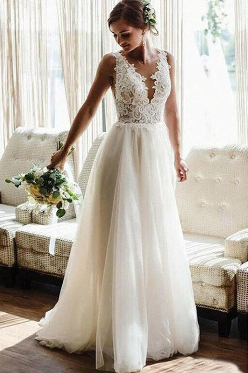 Catherine Mild V-Neck Open Back Sheath Wedding Dresses With Appliques