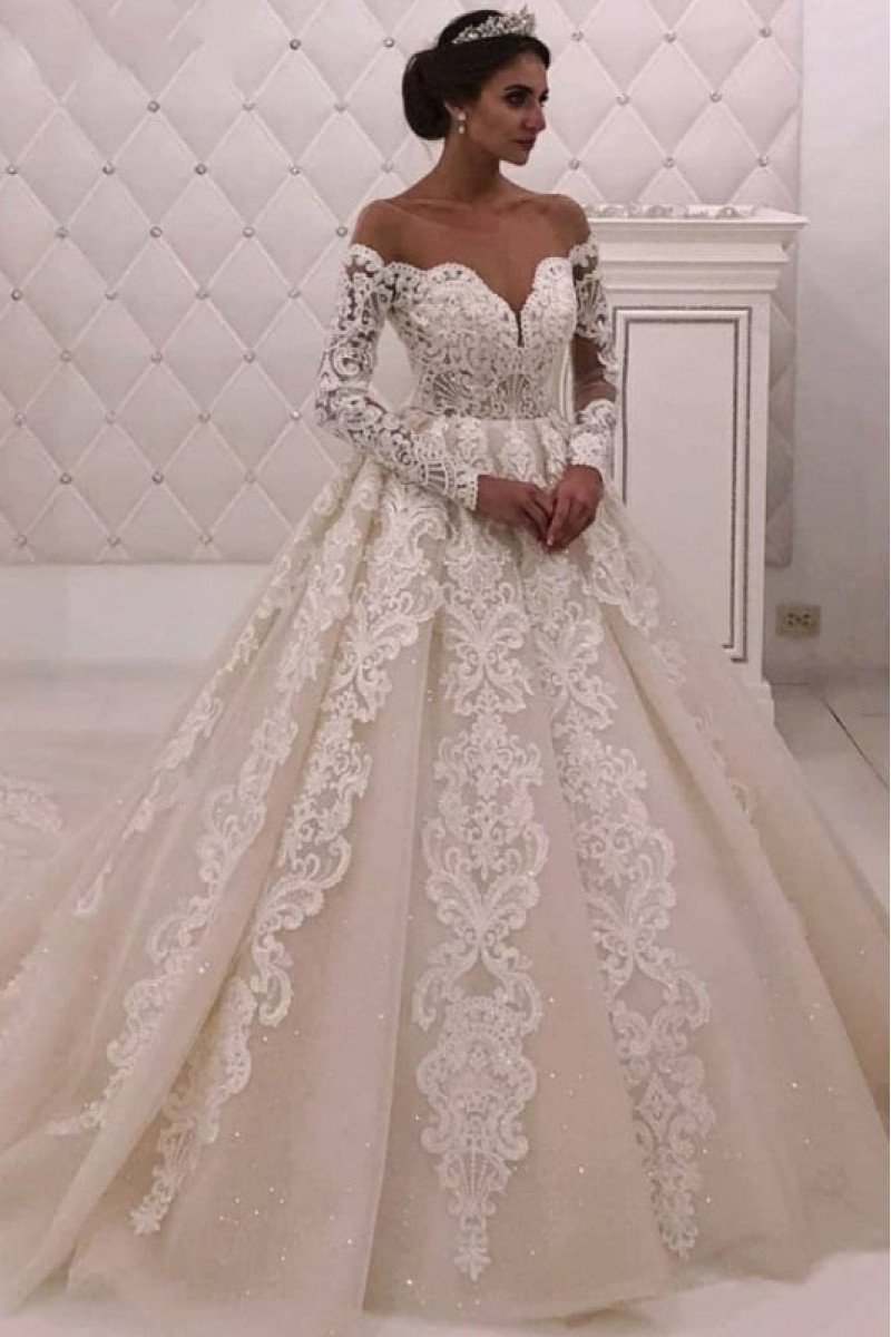 Celine Elegant Off Shoulder Long Sleeves Appliques Ball Gown Wedding Dresses With Chapel Train