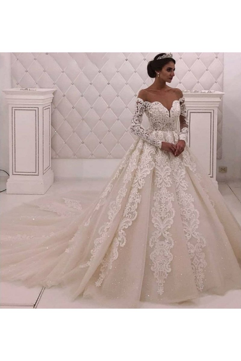 Celine Elegant Off Shoulder Long Sleeves Appliques Ball Gown Wedding Dresses With Chapel Train