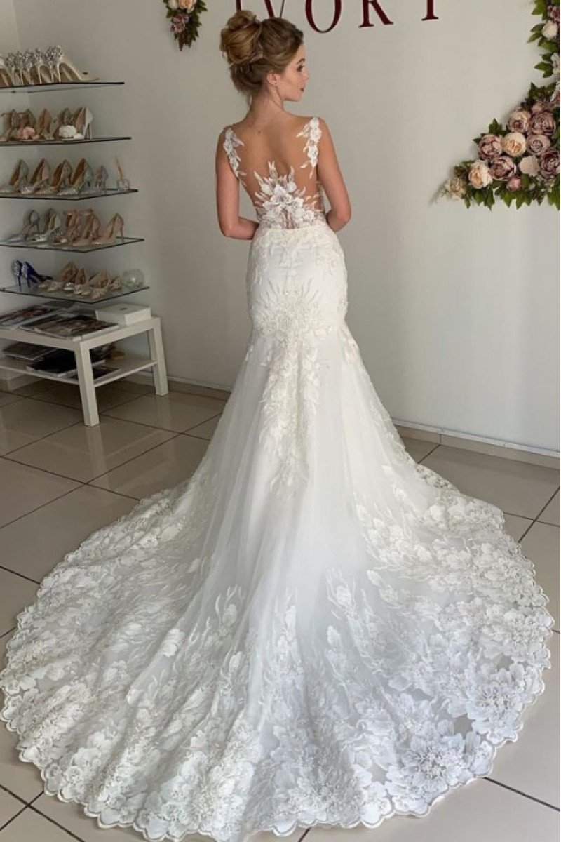 Christine Chic V-Neck Open Back Mermaid Wedding Dresses With Appliques