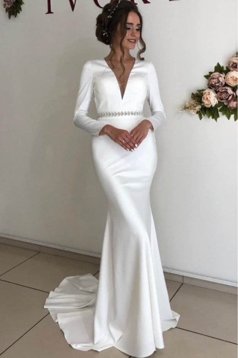 Claire Simple V-Neck Backless Long Sleeves Court Train Sheath Wedding Dresses With Crystal