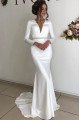 Claire Simple V-Neck Backless Long Sleeves Court Train Sheath Wedding Dresses With Crystal