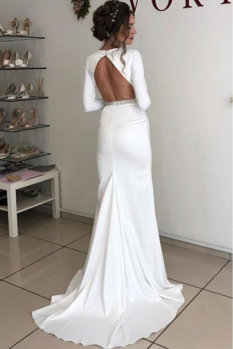 Claire Simple V-Neck Backless Long Sleeves Court Train Sheath Wedding Dresses With Crystal