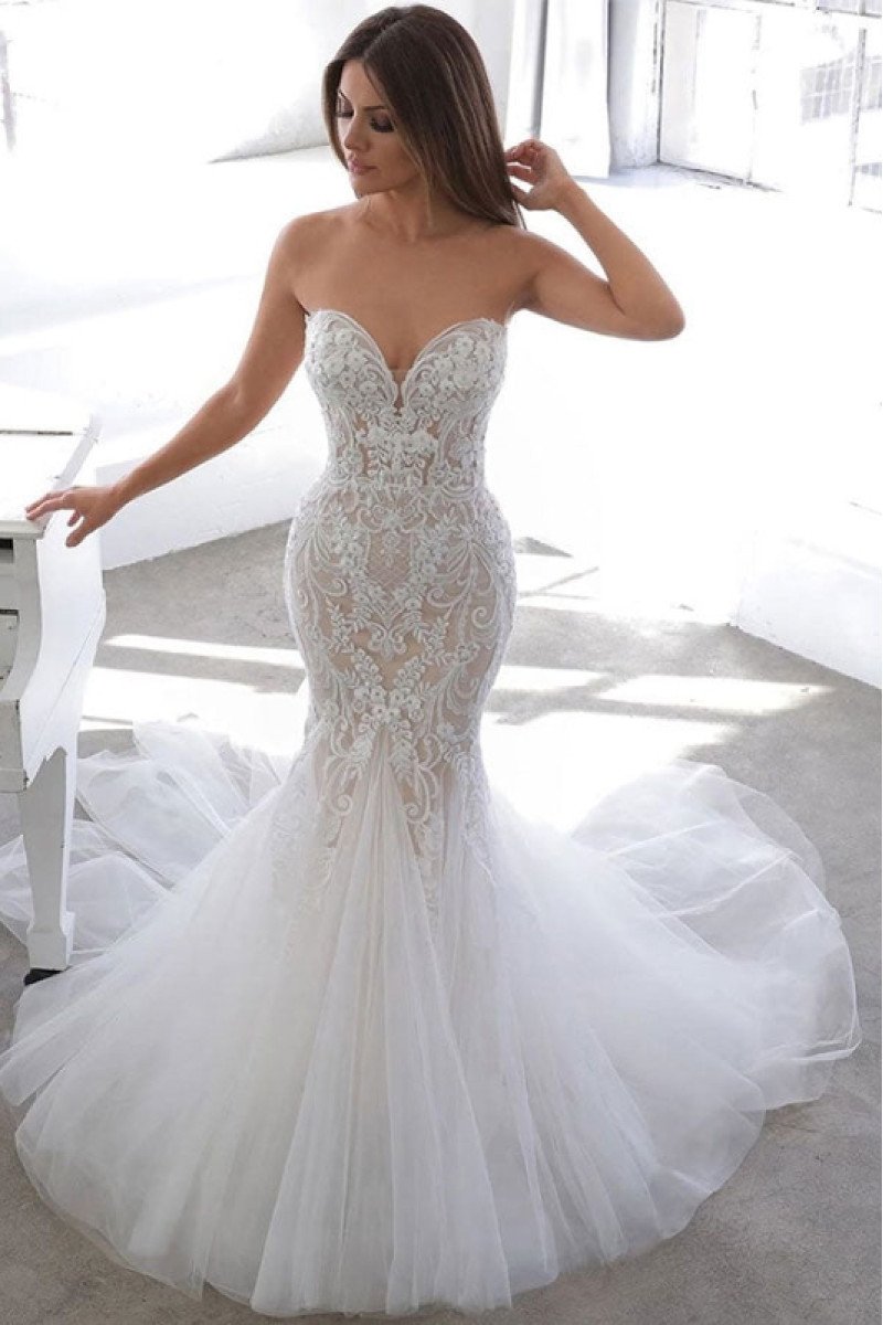 Cheryl Mild Sweetheart Open Back Appliques Mermaid Wedding Dresses With Court Train