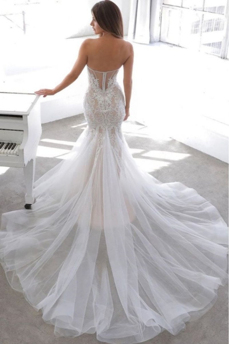 Cheryl Mild Sweetheart Open Back Appliques Mermaid Wedding Dresses With Court Train