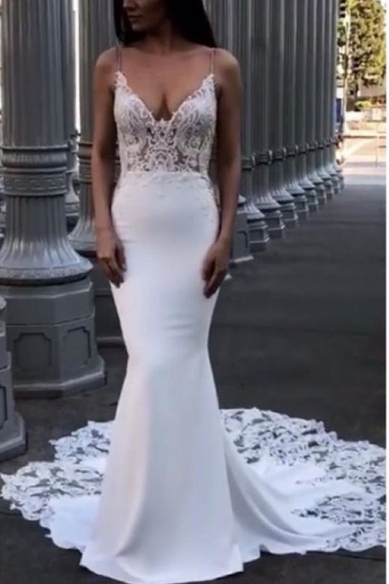 Clara Mild Spaghetti Straps Backless Court Train Sheath Wedding Dresses With Appliques