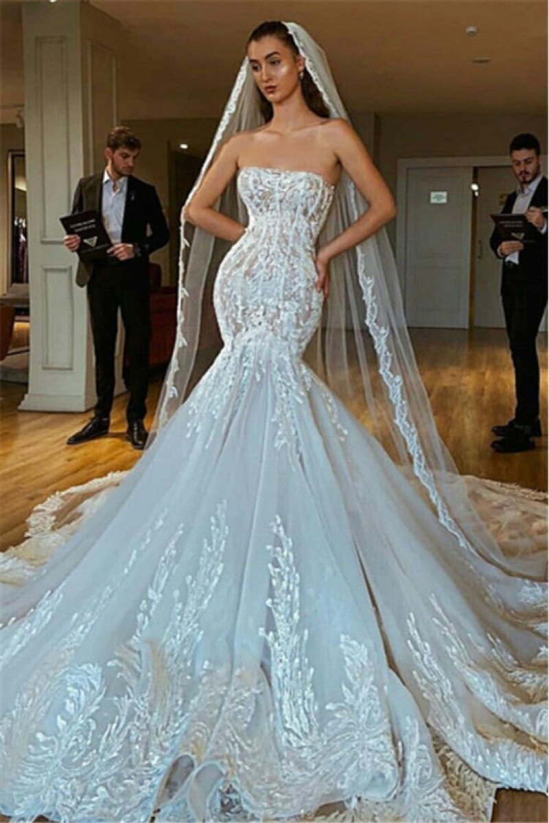 Constance Gorgeous Strapless Open Back Mermaid Wedding Dresses With Appliques