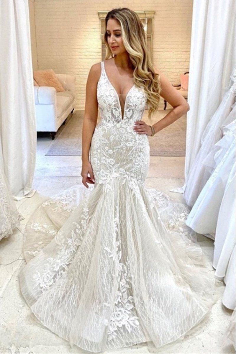 Corey Chic V-Neck Sleeveless Lace Mermaid Wedding Dresses With Court Train