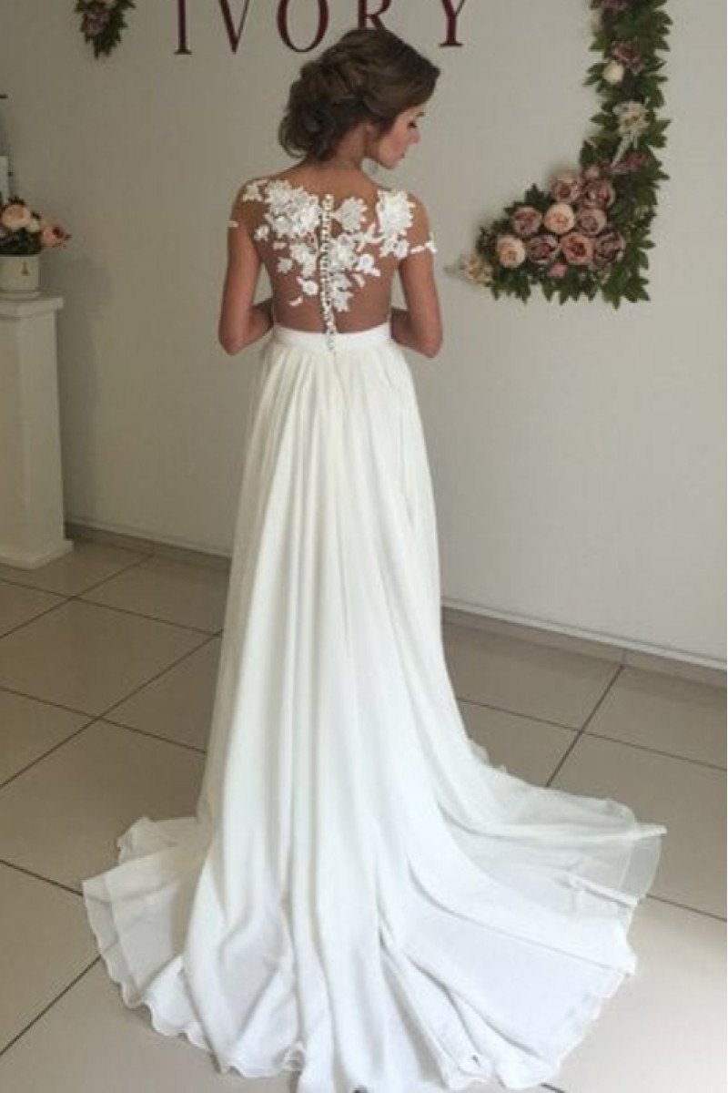 Dana Charming Off Shoulder Open Back Side Slit Sheath Wedding Dresses With Appliques