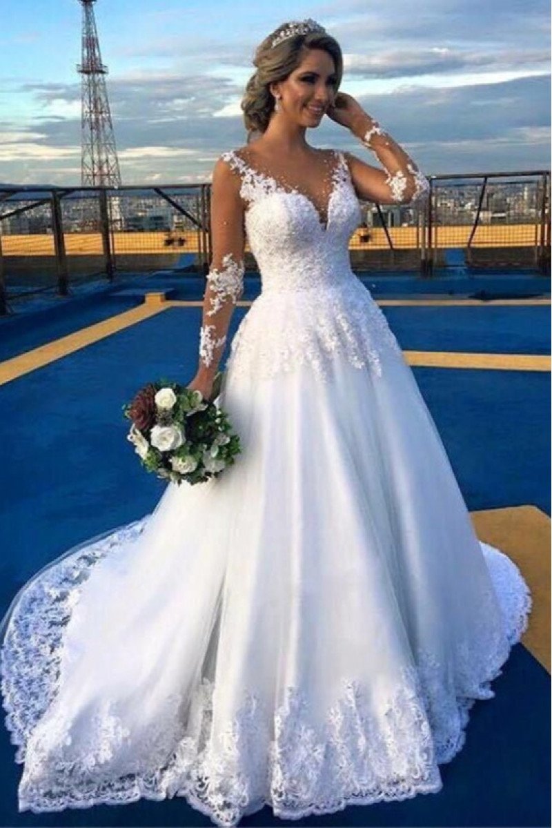 Deanna Beautiful V-Neck Long Sleeves Open Back Ball Gown Appliques Wedding Dresses