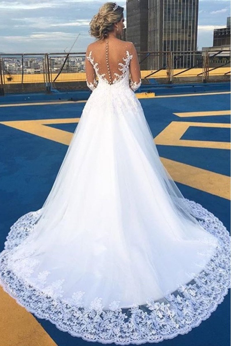 Deanna Beautiful V-Neck Long Sleeves Open Back Ball Gown Appliques Wedding Dresses