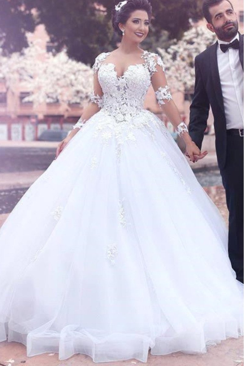 Debby Generous Square Long Sleeves Open Back Ball Gown Appliques Wedding Dresses