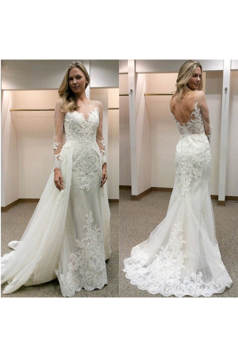 Deborah Charming Jewel Long Sleeves Open Back Appliques Sheath Wedding Dresses With Panel Train