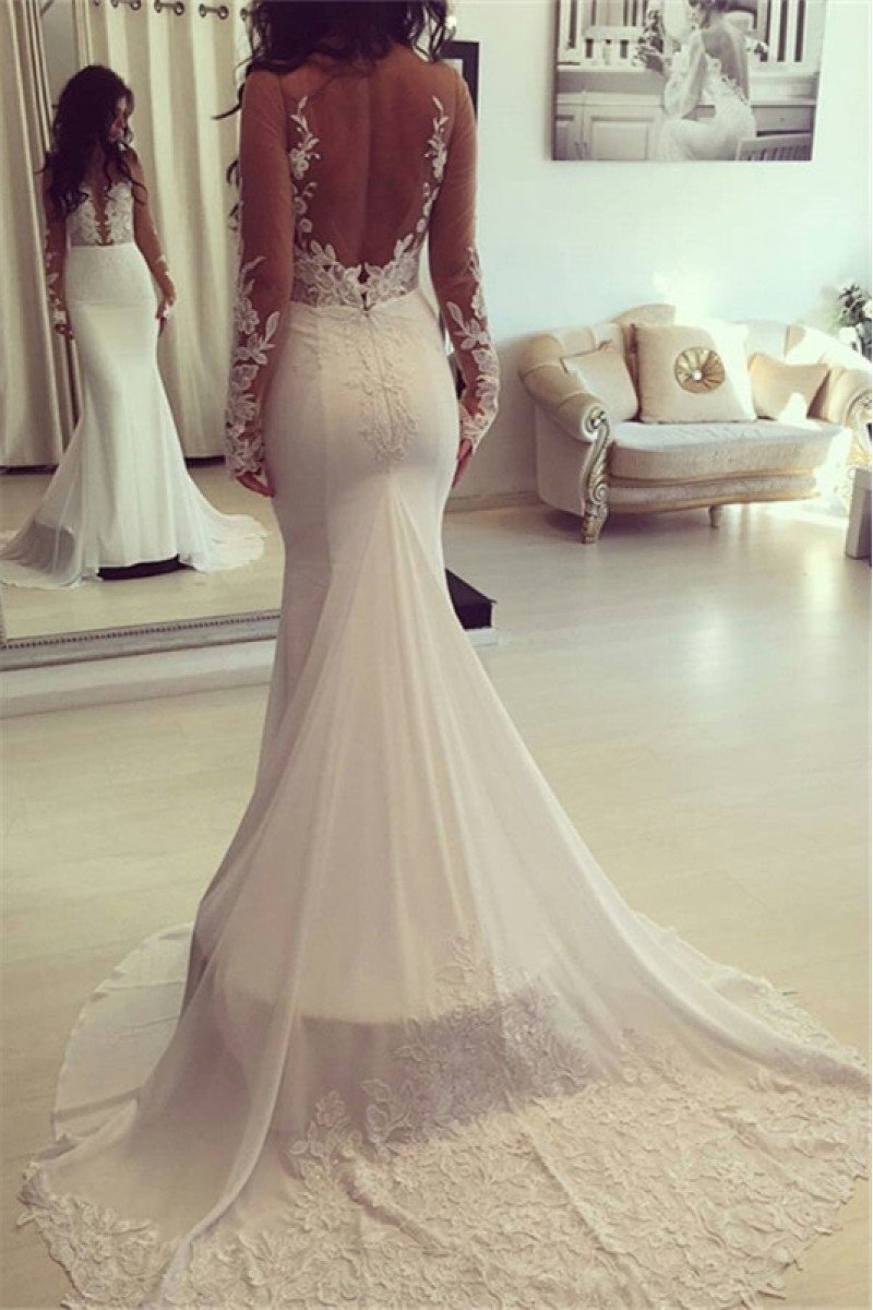 Debra Modern V-Neck Long Sleeves Open Back Sheath Wedding Dresses With Appliques