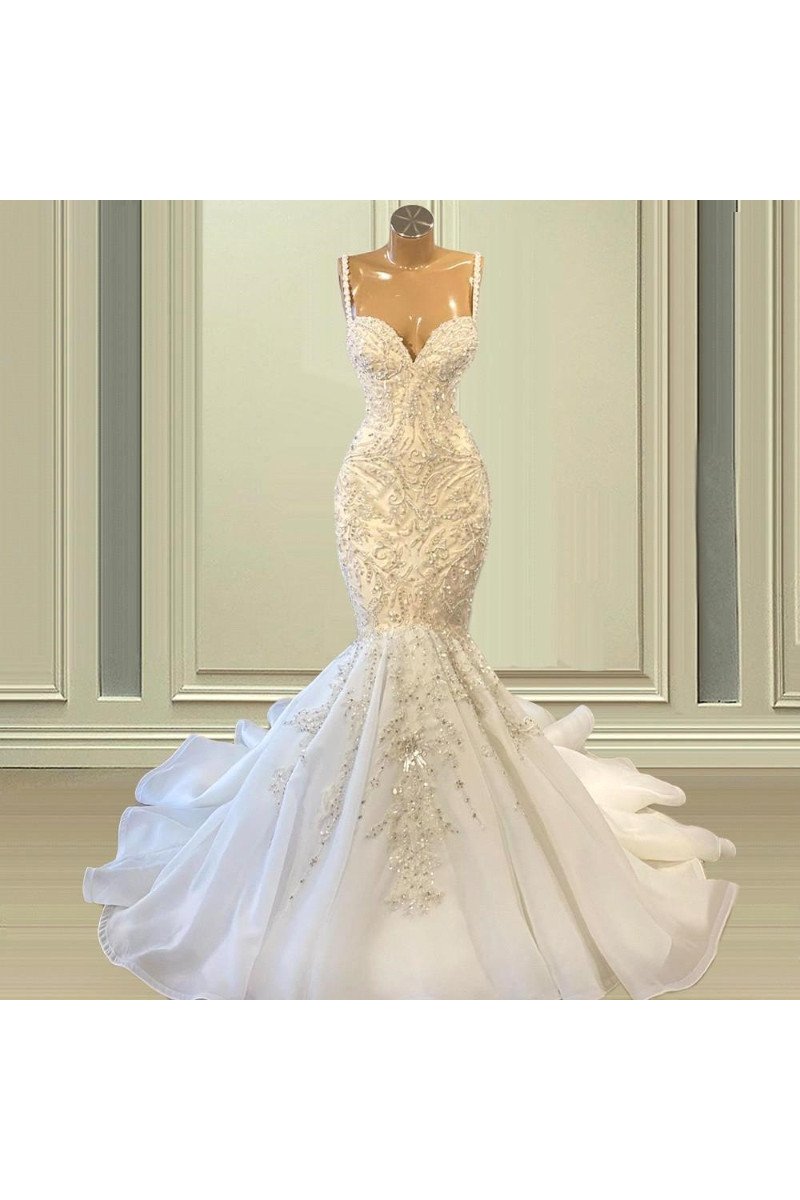 Delia Luxury Spaghetti Straps Appliques Beading Mermaid Wedding Dresses With Crystal