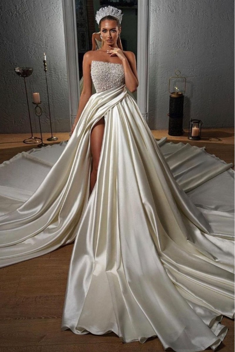 Denise Gorgeous Sheer Straps Side Slit Beading A-Line Wedding Dresses With Royal Train