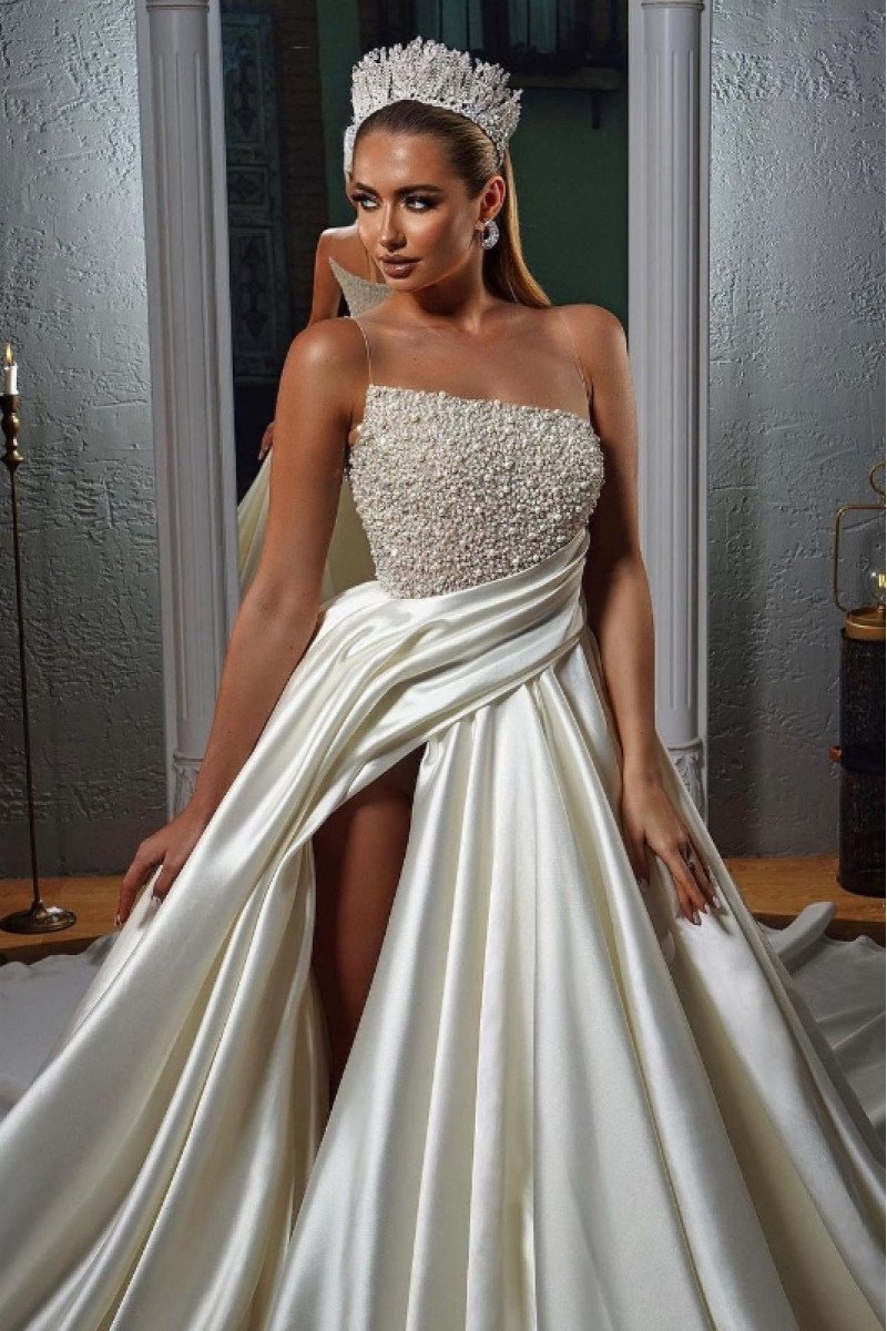 Denise Gorgeous Sheer Straps Side Slit Beading A-Line Wedding Dresses With Royal Train