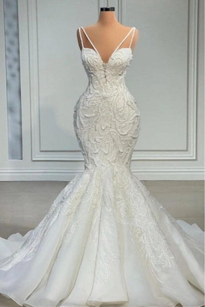 Dinah Gentle Spaghetti Straps Appliques Mermaid Wedding Dresses