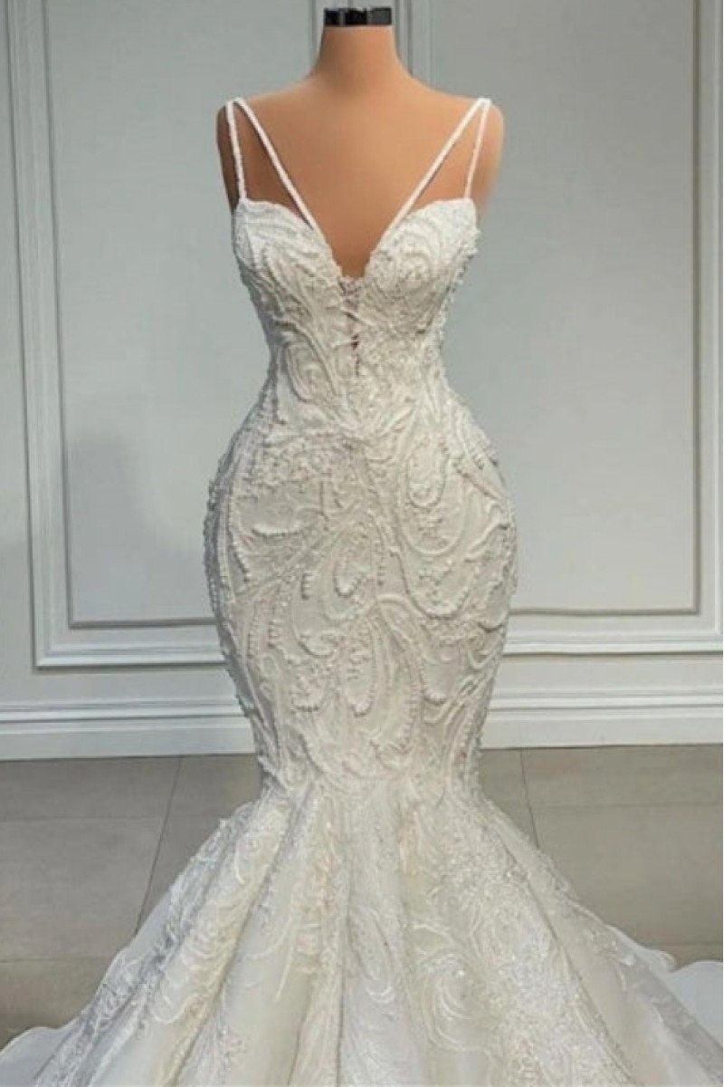 Dinah Gentle Spaghetti Straps Appliques Mermaid Wedding Dresses