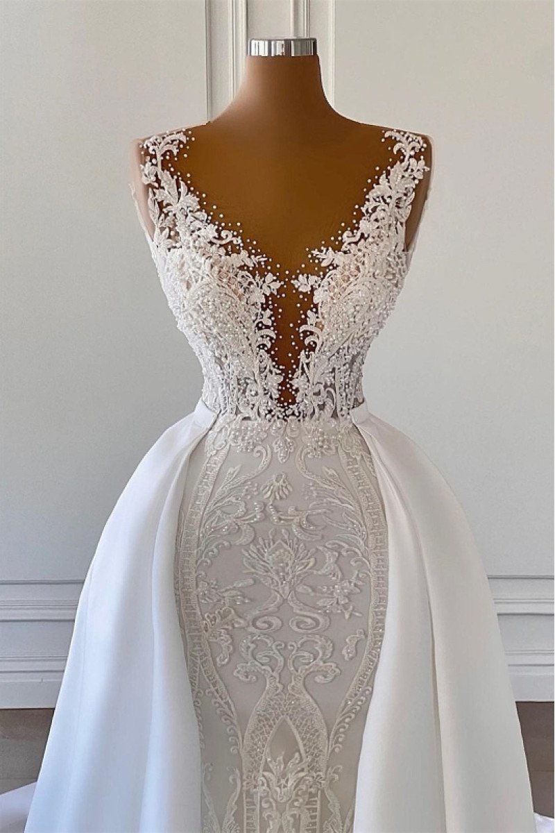 Dolores Chic V-Neck Open Back Beading Lace Sheath Wedding Dresses With Panel Train