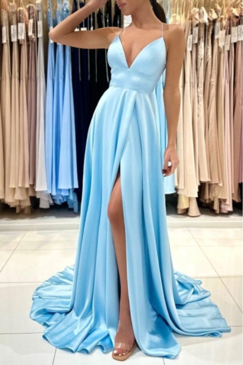 Alice Beautiful Sky Blue Halter Open Back Sheath Evening Dresses