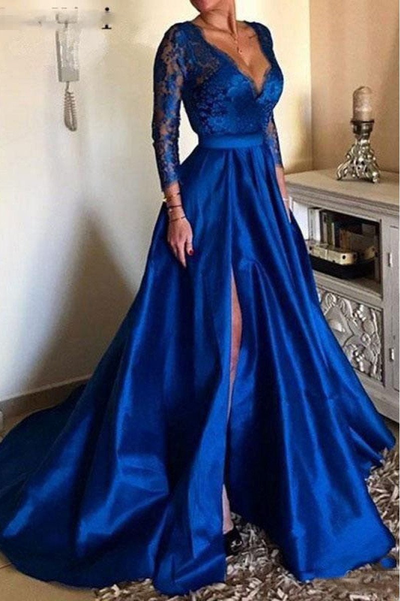 Alison Elegant Dark Blue V-Neck Long Sleeves Side Slit A-Line Appliques Evening Dresses