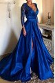 Alison Elegant Dark Blue V-Neck Long Sleeves Side Slit A-Line Appliques Evening Dresses