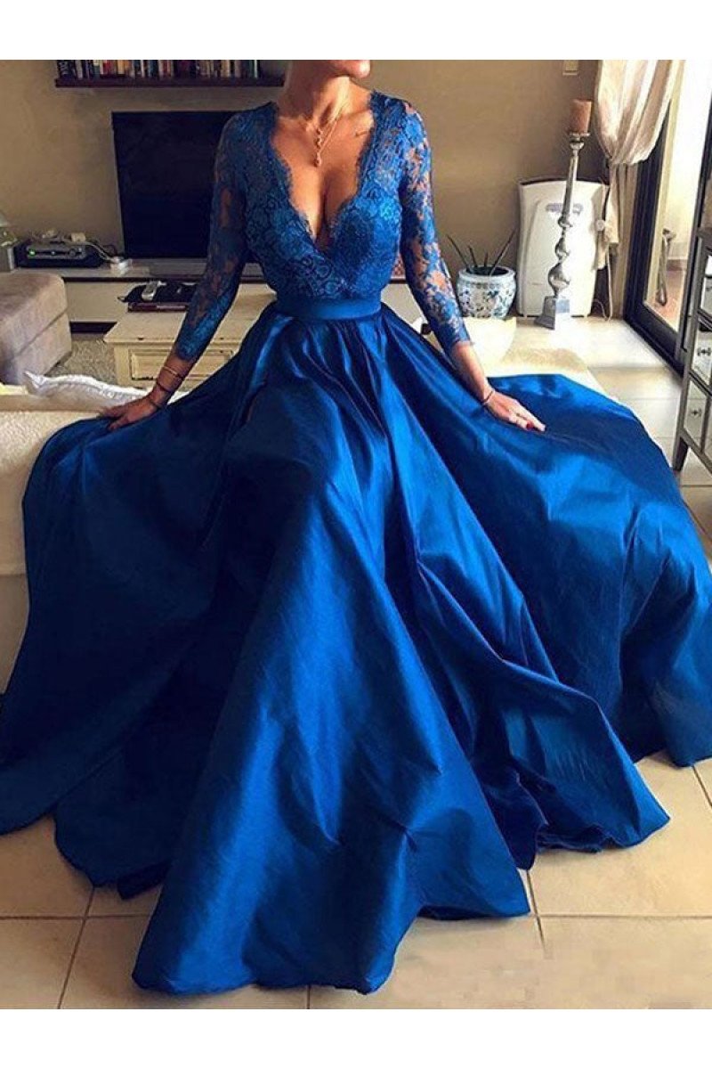 Alison Elegant Dark Blue V-Neck Long Sleeves Side Slit A-Line Appliques Evening Dresses