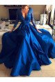 Alison Elegant Dark Blue V-Neck Long Sleeves Side Slit A-Line Appliques Evening Dresses