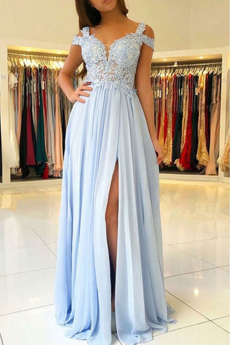 Alva Gentle Sky Blue Off Shoulder Side Slit Appliques Sheath Evening Dresses