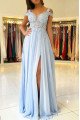 Alva Gentle Sky Blue Off Shoulder Side Slit Appliques Sheath Evening Dresses