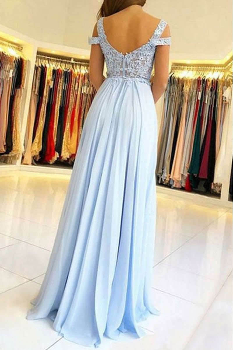 Alva Gentle Sky Blue Off Shoulder Side Slit Appliques Sheath Evening Dresses