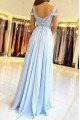 Alva Gentle Sky Blue Off Shoulder Side Slit Appliques Sheath Evening Dresses