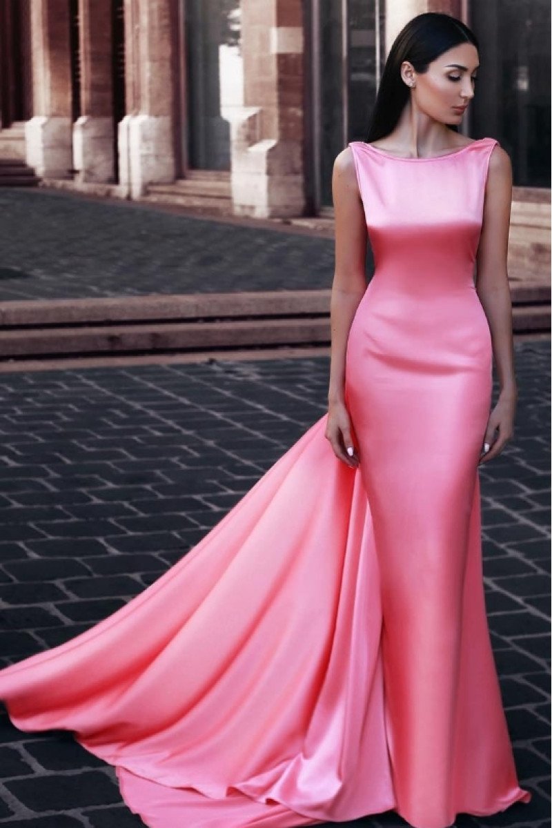 Amanda Lovely Candy Pink Jewel Court Train Satin Sheath Evening Dresses