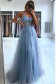 Amber Mild Blue Spaghetti Straps Open Back Appliques A-Line Evening Dresses