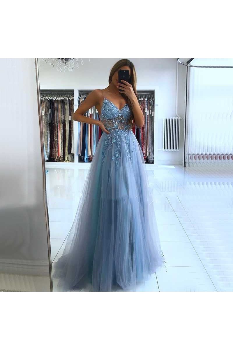 Amber Mild Blue Spaghetti Straps Open Back Appliques A-Line Evening Dresses