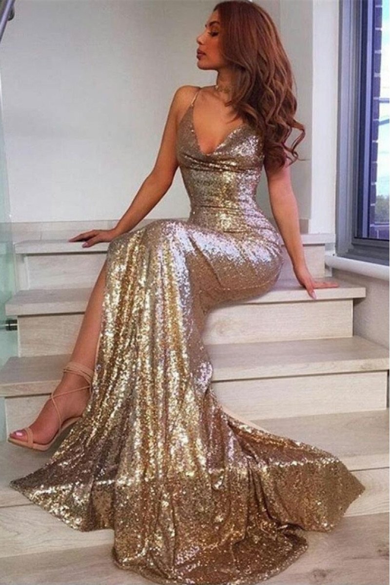 Amy Sparkle Gold Sequins Spaghetti Straps Side Slit Sheath Evening Dresses