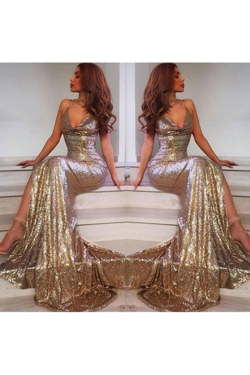 Amy Sparkle Gold Sequins Spaghetti Straps Side Slit Sheath Evening Dresses