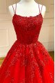 Andrea Chic Red Spaghetti Straps Open Back A-Line Evening Dresses With Appliques