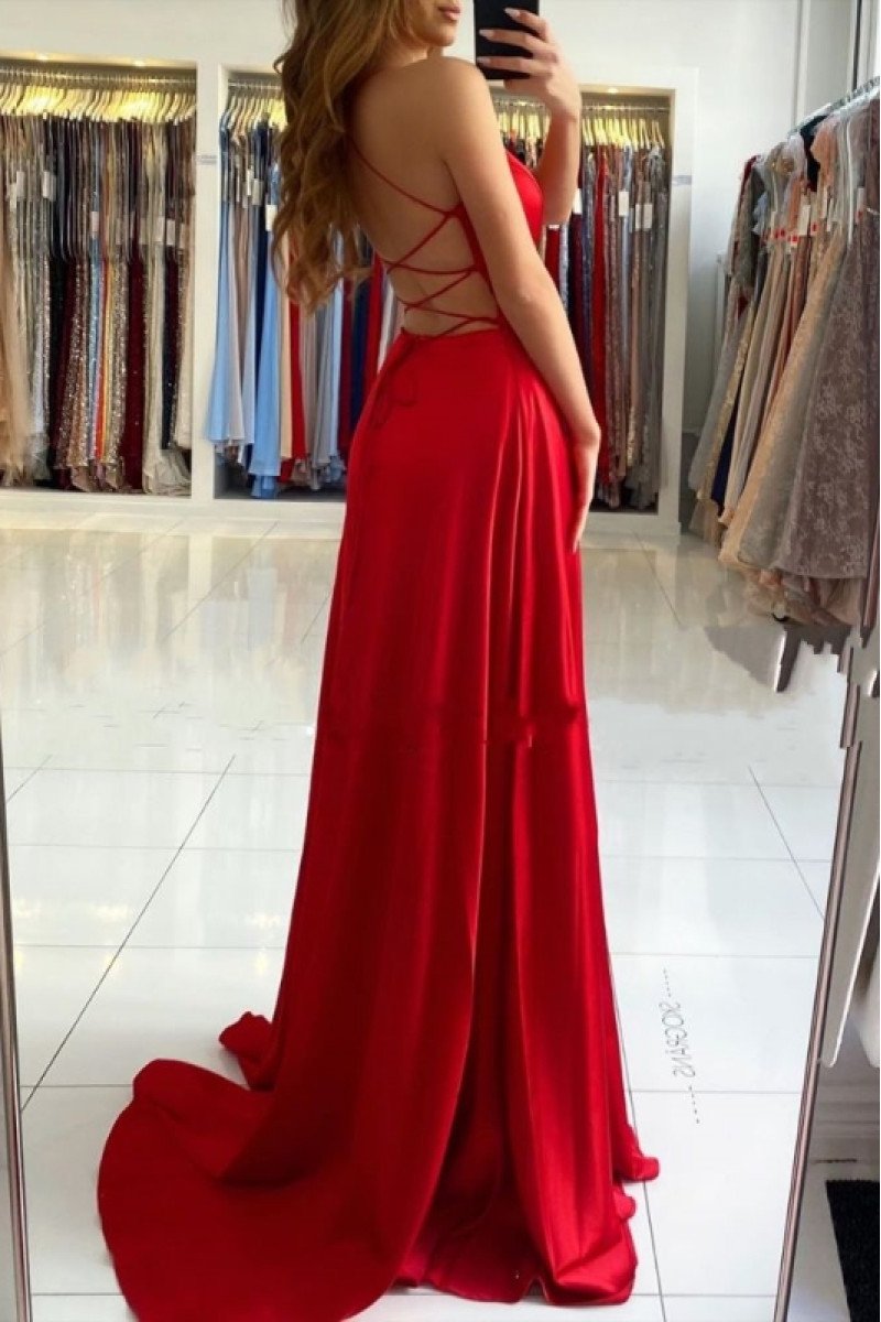 Angel Charming Red Spaghetti Straps Backless Side Slit Sheath Evening Dresses