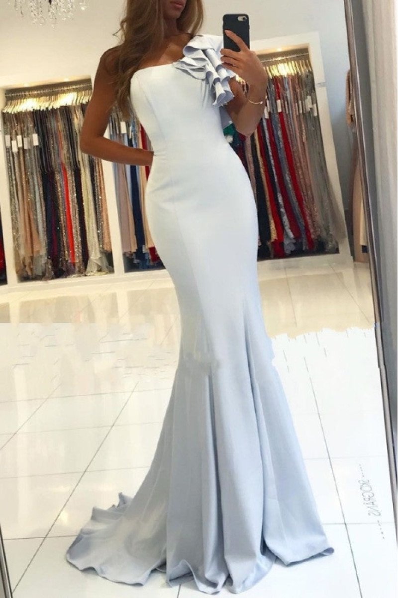 Angela Beautiful Sky Blue One Shoulder Sheath Evening Dresses With Ruffles