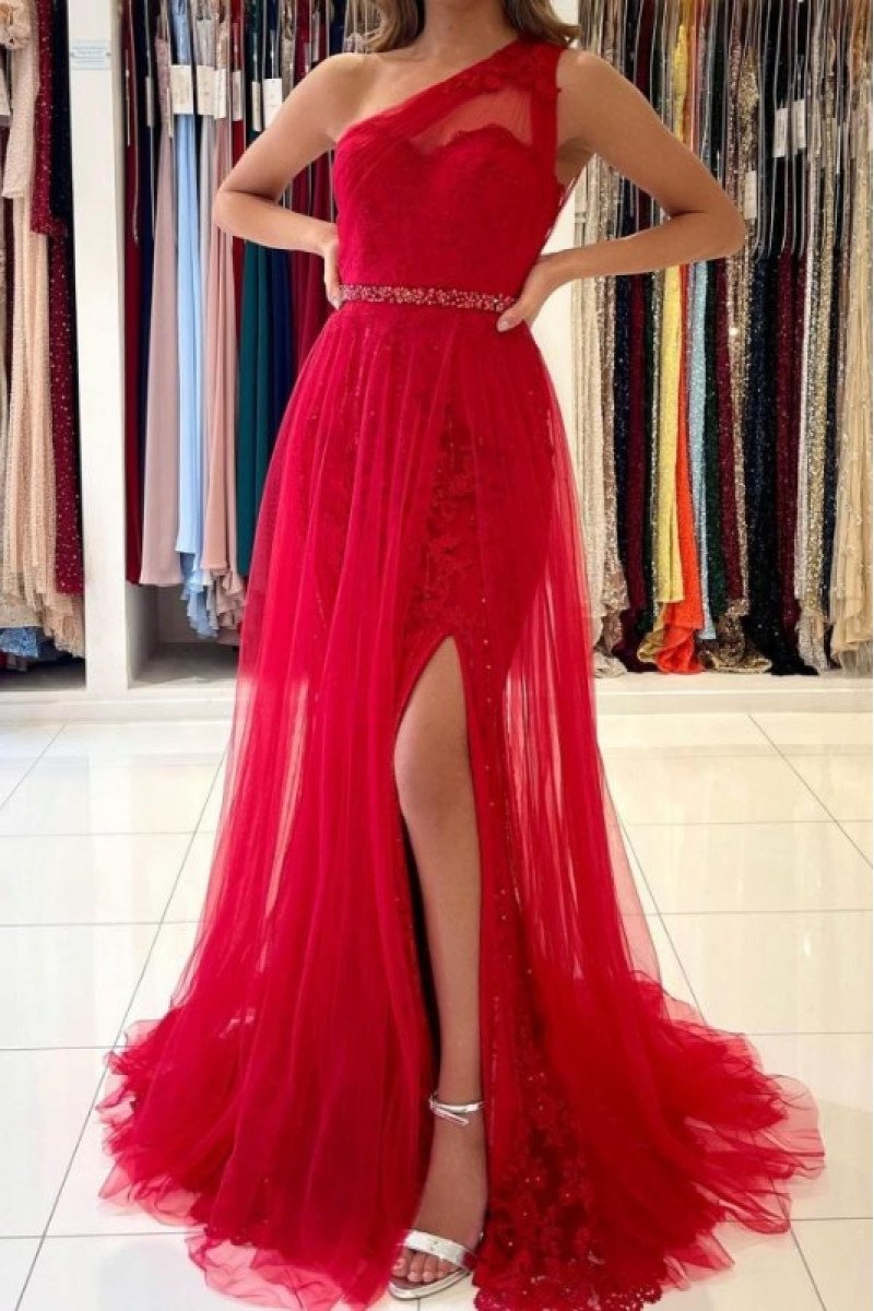 Anita Fancy Red One Shoulder Side Slit Appliques Sheath Evening Dresses