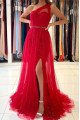 Anita Fancy Red One Shoulder Side Slit Appliques Sheath Evening Dresses