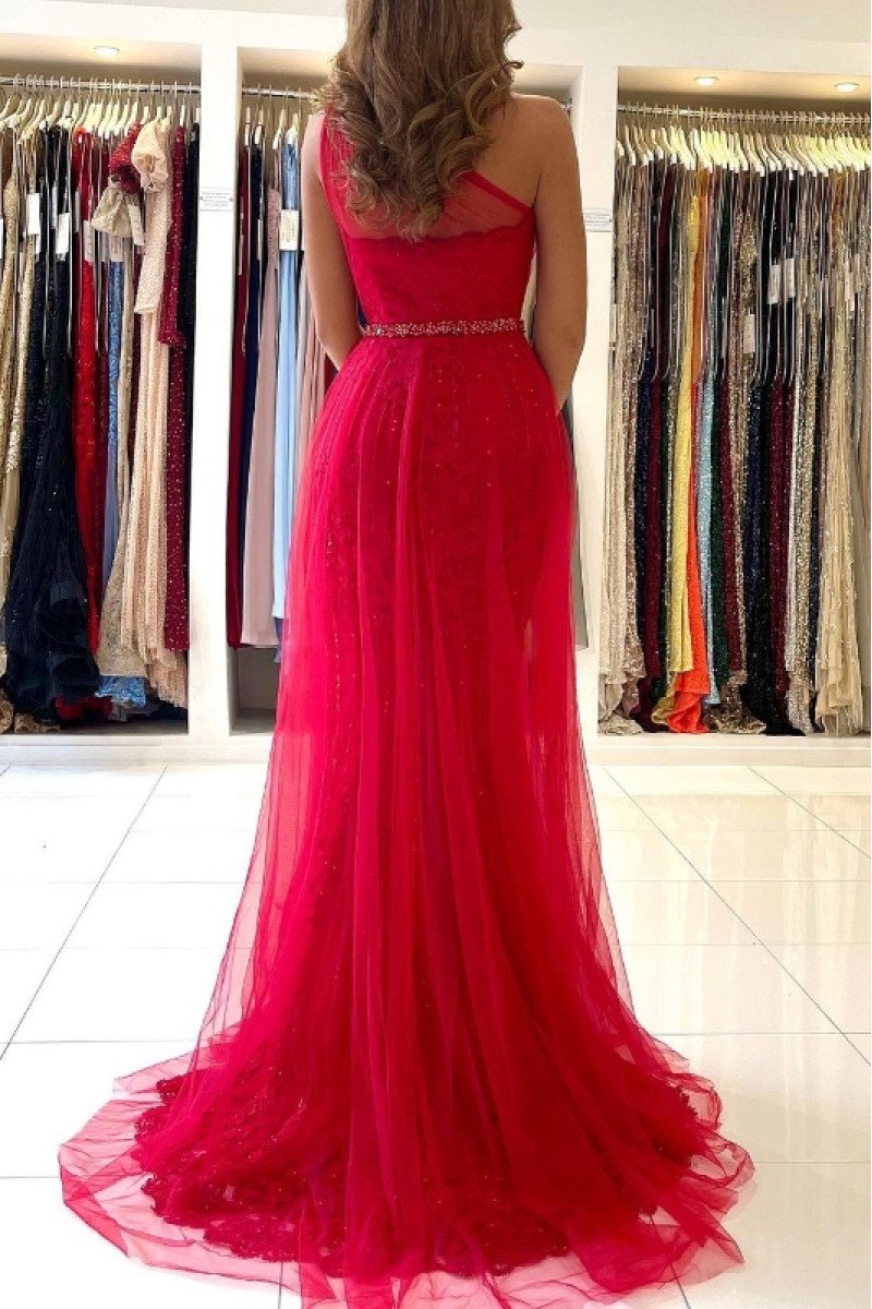 Anita Fancy Red One Shoulder Side Slit Appliques Sheath Evening Dresses