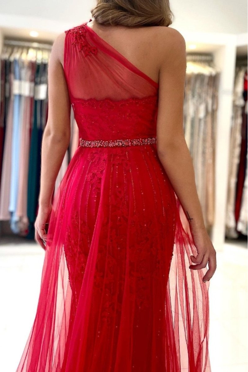 Anita Fancy Red One Shoulder Side Slit Appliques Sheath Evening Dresses