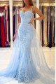 Ann Elegant Sky Blue Spaghetti Straps Appliques Sheath Evening Dresses With Panel Train