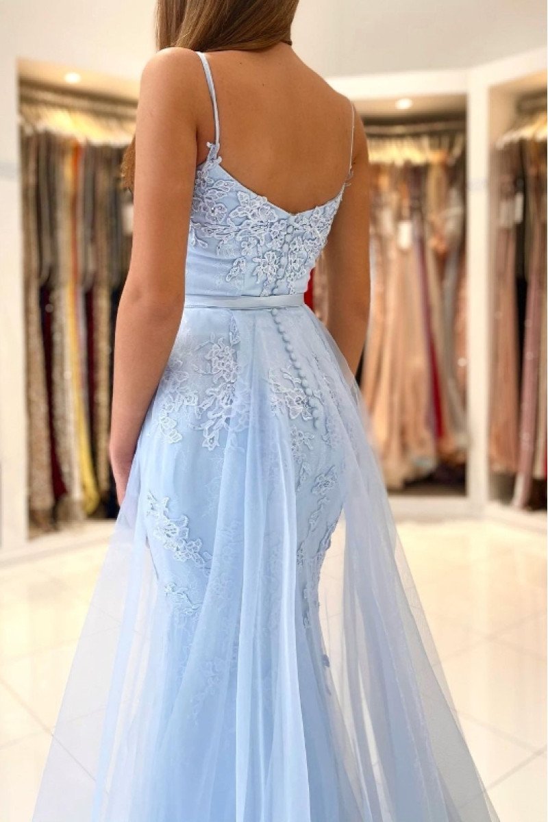 Ann Elegant Sky Blue Spaghetti Straps Appliques Sheath Evening Dresses With Panel Train